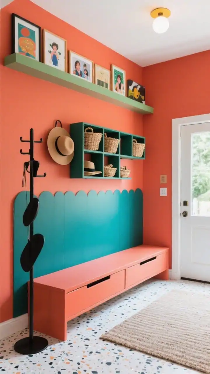 Wide shot, dynamic corner view of a playful entry with one full wall painted a bold pop color (choose terracotta, olive, or deep teal). A long, color-matched bench with flip-up storage runs the length; above, grid shelves in the same tone hold baskets and hats. A slim picture ledge near the ceiling displays rotating art and family photos. Floor features a speckled terrazzo mat; a sculptural black coat stand completes the scene. Bright, cheerful lighting; contemporary, creative vibe. Photorealistic.