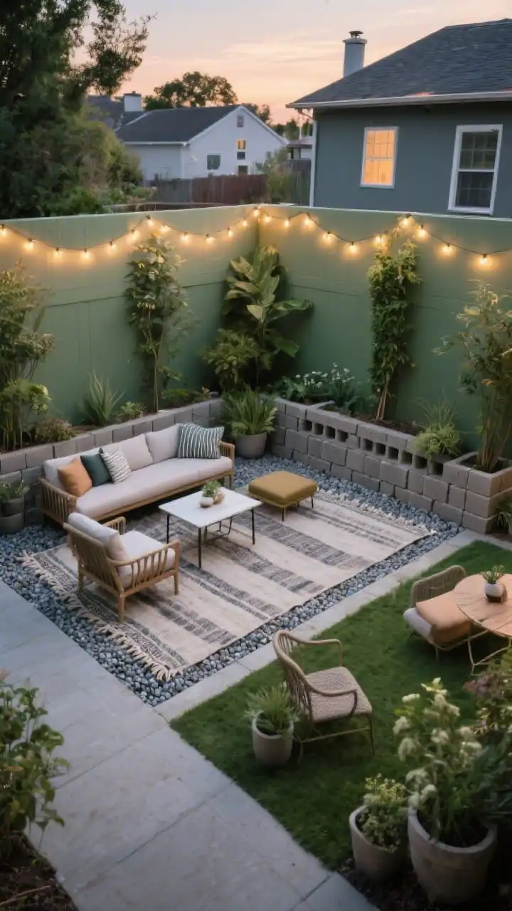 Wide shot, early evening: A small backyard divided into defined zones using budget elements an outdoor rug anchoring a tight grouping of mixed seating in a lounge corner, a pea gravel dining nook with a simple bistro table, and a green oasis framed by tall planters and stacked cinder blocks forming a low “wall”; zigzag string lights softly framing each area; cohesive, intentional furniture grouping; textures of gravel, painted drop cloth rug, and matte planters; warm, welcoming mood, no people.