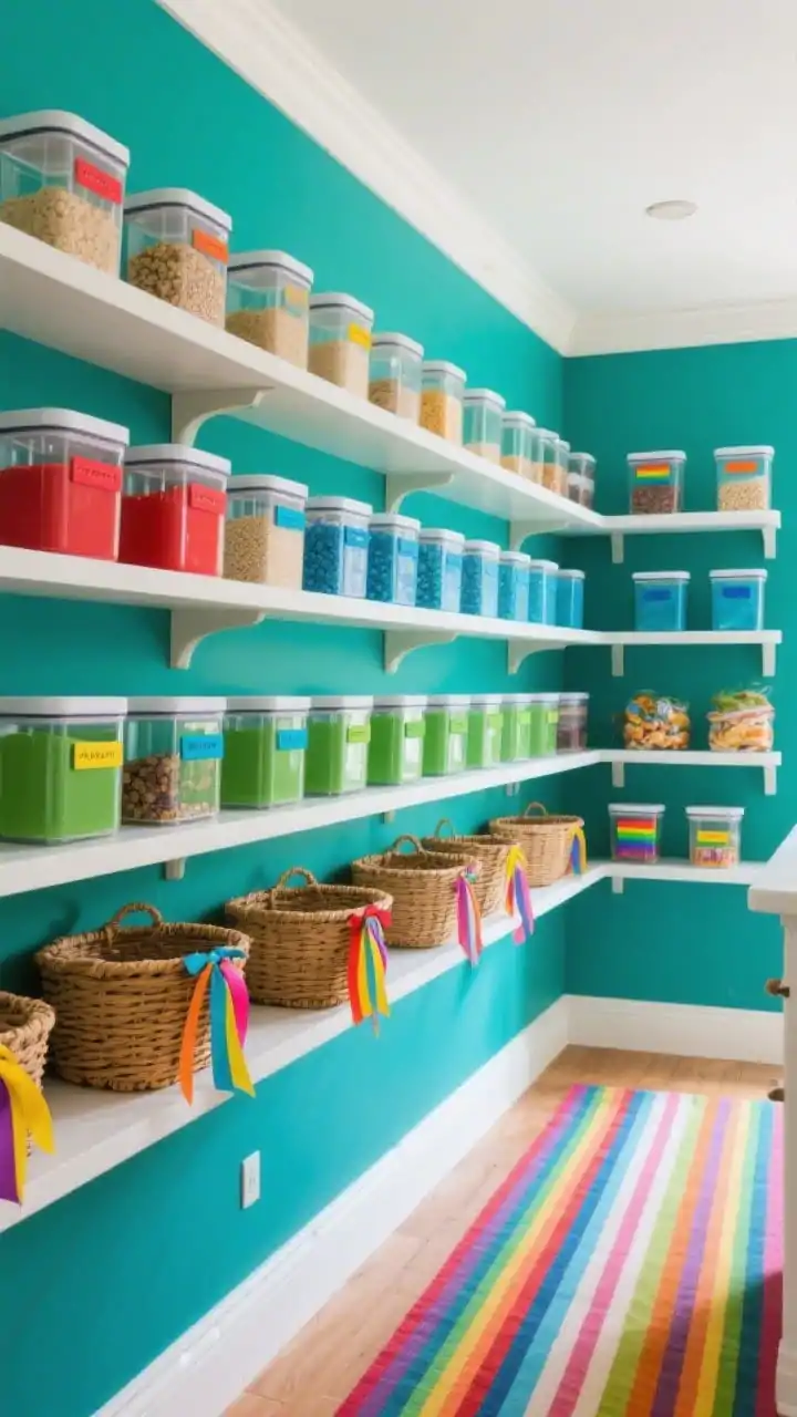 Wide shot, eye-level: Bold color pop pantry with deep teal walls and crisp white shelves and trim; uniform clear containers with rainbow color-coded labels (red for baking, blue for grains, green for snacks) arranged by shelf so each shelf reads as one color family; wicker baskets with bright ribbon tags adding playful notes; a striped runner mirroring the label colors; bright, cheerful lighting; photorealistic.