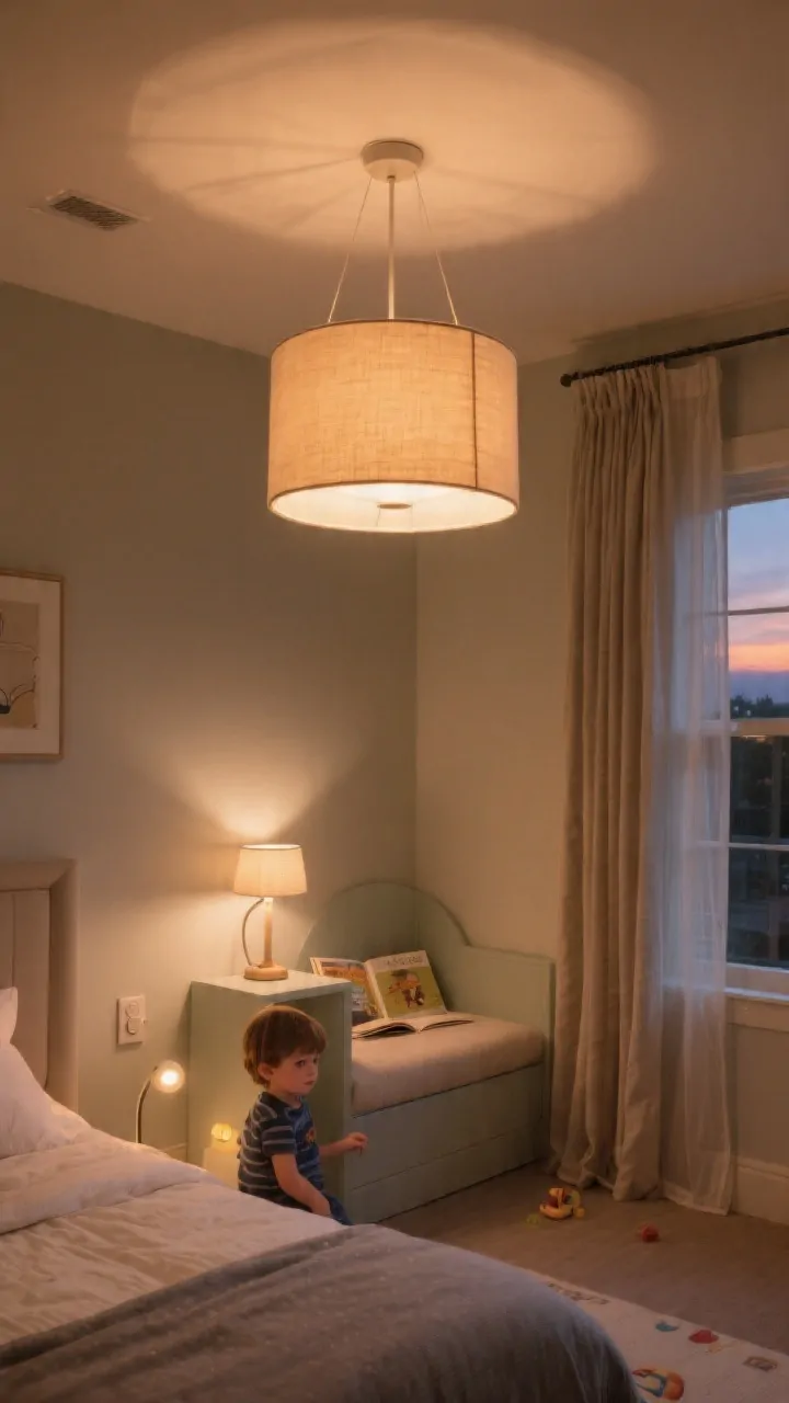 Wide shot focusing on layered lighting like a sleep whisperer: overhead fabric drum pendant with a warm 2700K LED glow, a small task lamp by the reading nook at kid height, an ultra-dim motion-activated nightlight near the baseboard; wall dimmer switch visible; blackout curtains layered behind sheer linen panels by a window; warm evening ambiance transitioning from play to bedtime; calm, photorealistic mood.