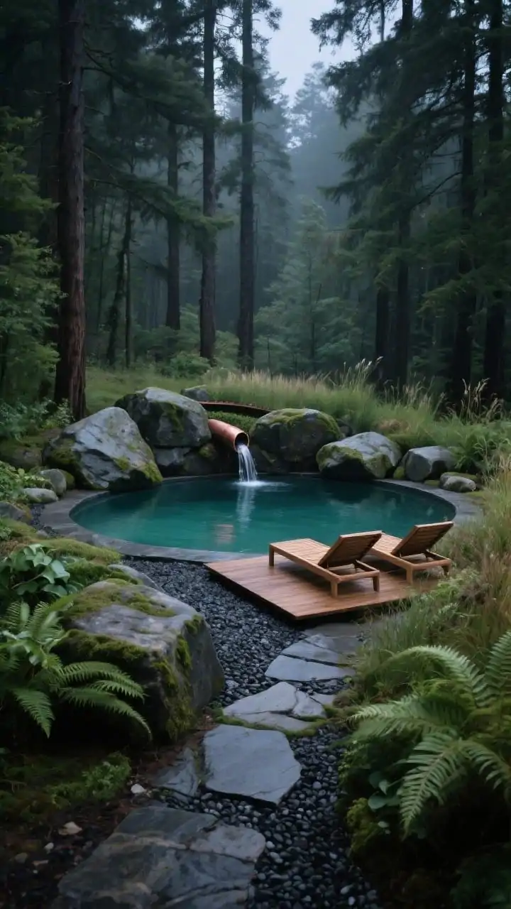 Wide shot, forest-edge plunge pool at dusk: a petite oval natural pool tucked against tall pine trees, edged with hand-chiseled granite boulders showing a subtle moss patina; water appears soft teal-green from a dark pebble interior. A narrow flagstone path leads to a tiny wooden platform with two low-slung teak loungers. Ferns, hostas, and native grasses mass along the back rim. A discreet biofilter bed is hidden behind a row of boulders. A copper scupper pours a gentle sheet of water into the pool, adding a quiet forest-stream sound. Color palette: teal water, charcoal stone, deep green foliage, weathered wood. Photorealistic, calm cabin-in-the-woods mood, slightly overcast natural light filtering through pines.