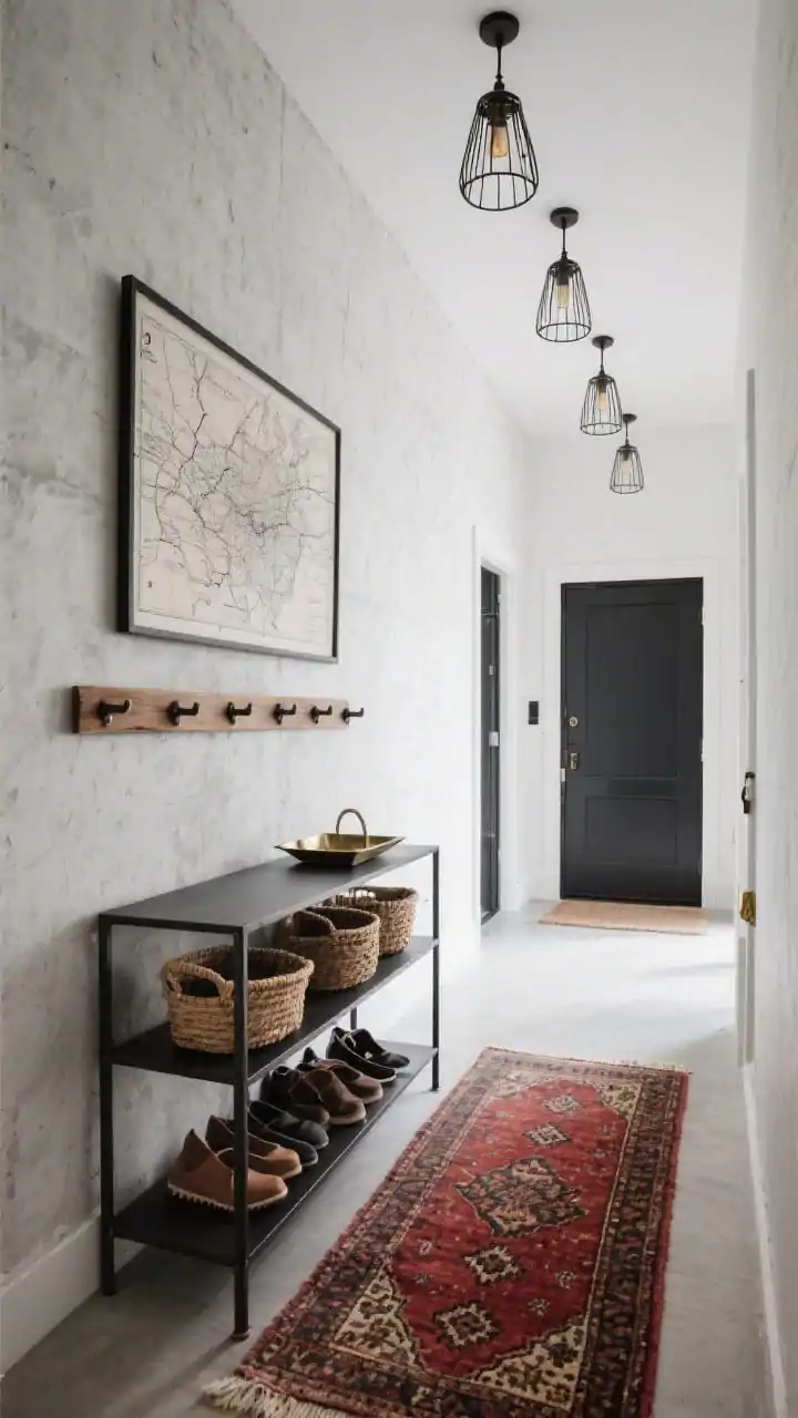 Wide shot from a low corner angle of a soft industrial entry hallway: one wall finished in limewashed concrete gray with subtle texture, the opposite wall smooth soft white; a black powder-coated steel console with open shelves holding woven baskets for shoes and a metal catch-all tray; above, three evenly spaced caged pendant lights running the hallway length; a vintage Turkish runner bringing earthy reds and pattern; simple blackened-wood peg rail with a chunky framed map above; materials include steel, limewash, wool, aged brass; rugged yet inviting, photorealistic, no people.