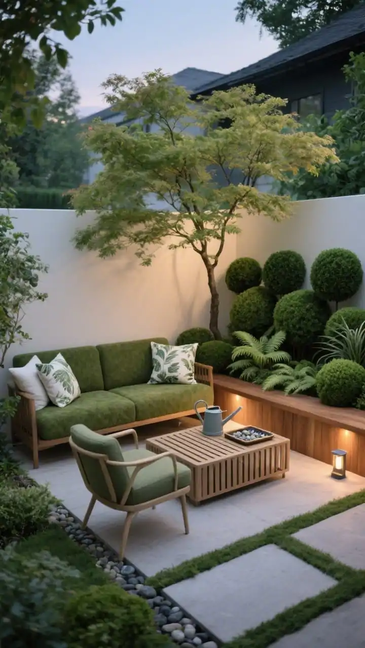 Wide shot from a slight corner angle of a lush garden nook: a compact loveseat in olive/moss on the short side facing inward; two slender-armed slipper chairs opposite forming a conversation zone; a bench-height planter box running the long side, layered with boxwood spheres, ferny textures, and a statement Japanese maple creating a light canopy feel; a slatted coffee table between seats to keep sightlines open; subtle solar path lights tucked into the planter casting a soft upward evening glow; accents like botanical-print pillows, a watering can as decor, and pebble-filled trays. Palette of sage, deep green, warm wood, and cream, photorealistic dusk.