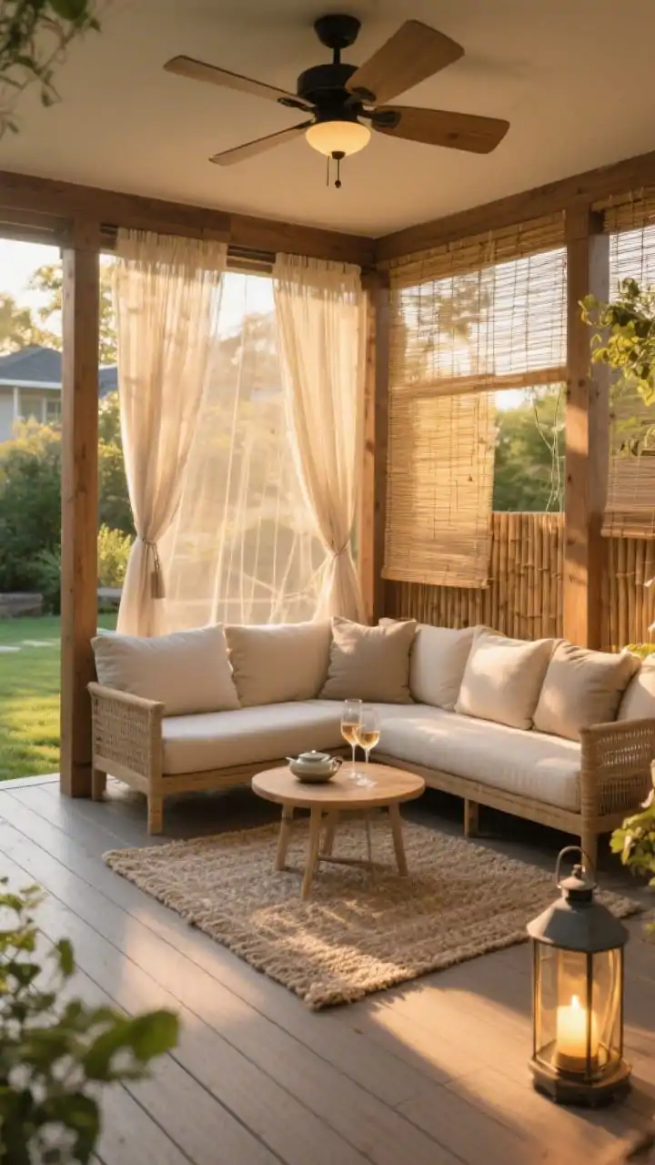 Wide shot, late-afternoon golden light: a cozy backyard gazebo nook with a square wood frame and sheer outdoor curtains drifting in a breeze, furnished with weatherproof cushions in soft neutrals, a textured outdoor rug, and a small tea-and-wine table; include a dimmable lantern casting a warm glow. Show composite decking floor with clean lines, bamboo shades on the sunny side, and discreet mosquito netting gathered to the posts; a ceiling fan overhead for bug control. Photorealistic, straight-on view, serene spa-like mood.