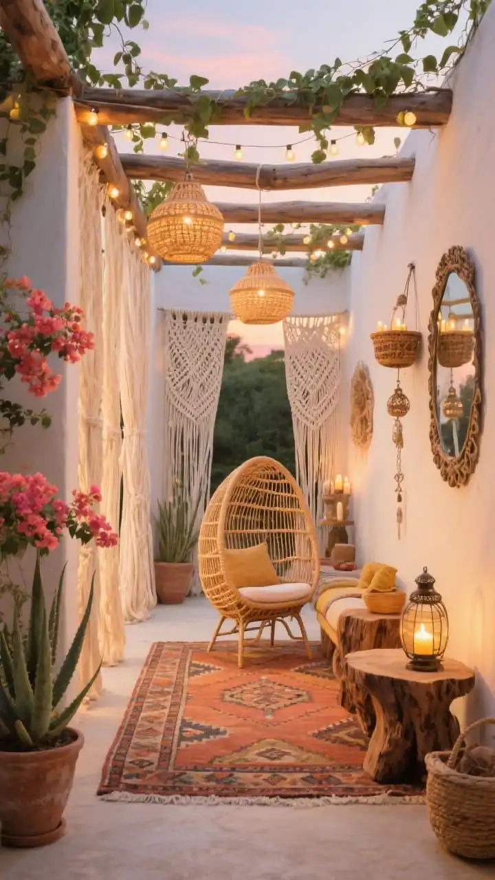 Wide shot looking down a boho pergola pass-through: slim pergola framing the narrow space, macramé screens for privacy, a woven egg chair (or compact rattan loveseat if tighter) set over a kilim-style outdoor rug, live-edge side table, hanging baskets, carved lanterns, and vintage mirrors bouncing light; trailing ivy from pergola beams, potted bougainvillea, aloe accents, palette of terracotta, coral, mustard, and off-white; fairy curtain lights and woven pendants with battery candles glowing at sunset, free-spirited and layered, photorealistic.