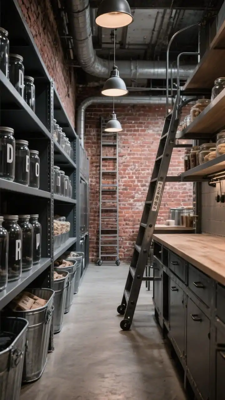 Wide shot, low angle down the aisle: Industrial loft pantry with exposed brick backdrop and powder-coated steel shelves; matte glass canisters with charcoal rubber seals and bold block-letter labels; galvanized bins for bulky packs; a rolling ladder on a rail emphasizing vertical storage; factory-style pendant lighting over the center walkway; textures of rough brick, smooth glass, and cool metal; colors of brick red, charcoal, and pewter; moody, utilitarian vibe; photorealistic.