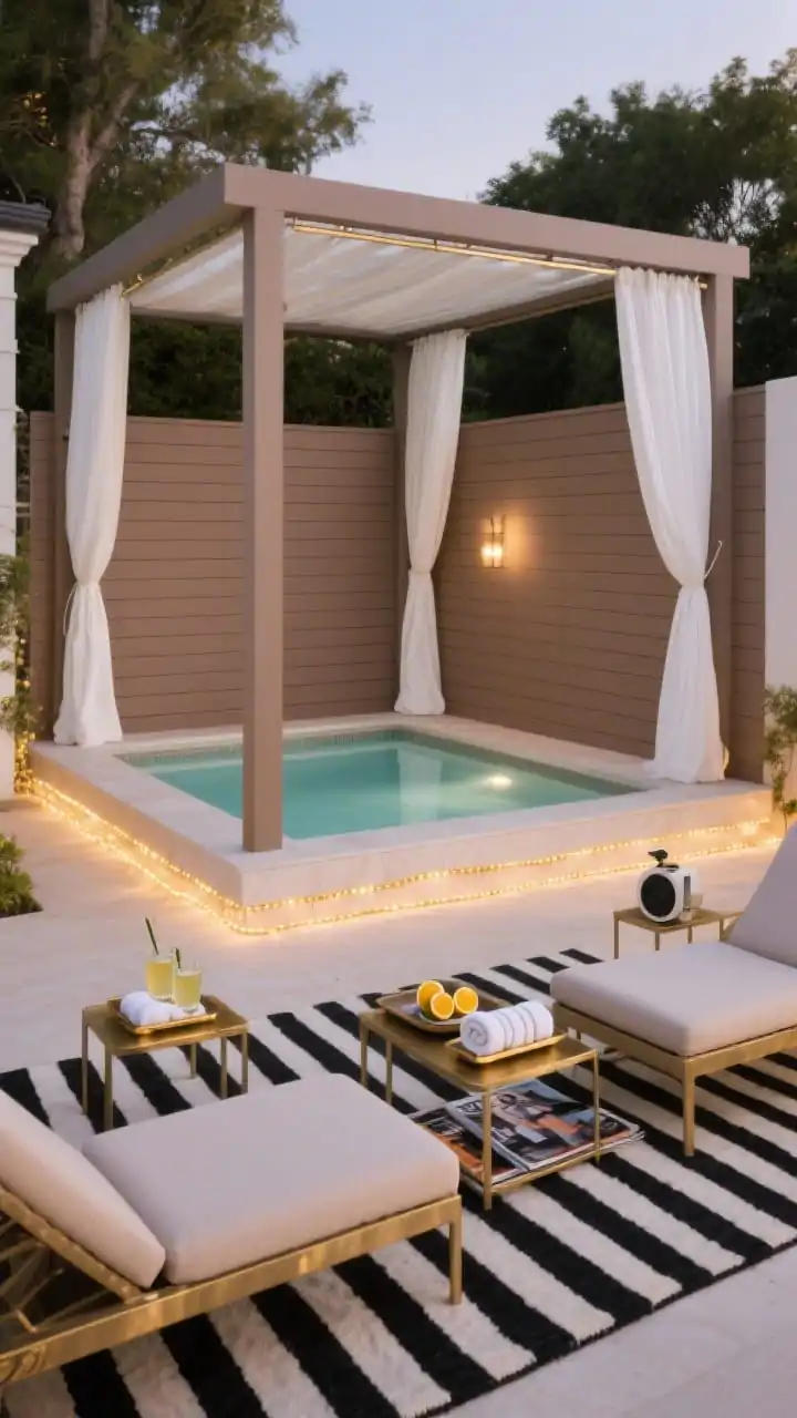 Wide shot, luxe cabana on a budget: a small pool encircled by horizontal composite-look panels painted warm taupe, LED rope lights lining the base for a nighttime glow; a four-post pergola built around the pool with outdoor white drapes on tension rods forming breezy cabana walls; black-and-white striped rug underfoot, two cushy chaise loungers with brass-toned side tables; a tray with citrus water, rolled towels, and glossy magazines; clip-on outdoor speakers subtly placed; palette of taupe, white, black stripe, and brass accents; elegant evening lighting with soft, warm illumination; photorealistic, no people.