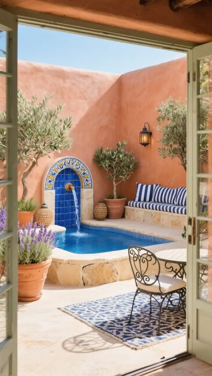 Wide shot, Mediterranean plunge pool courtyard seen through open French doors: a petite sapphire-blue plunge pool trimmed with creamy tumbled limestone coping, warm terracotta stucco walls enclosing the sun-washed space, an arched hand-painted ceramic tile water spout trickling into the pool, a built-in stucco bench on one side layered with navy-and-white striped outdoor cushions, terracotta pots with rosemary, olive trees, and lavender, woven lanterns and a patterned outdoor rug near bistro chairs with iron scrollwork; color palette of creamy neutrals, deep blue, and terracotta; bright midday natural light, photorealistic.