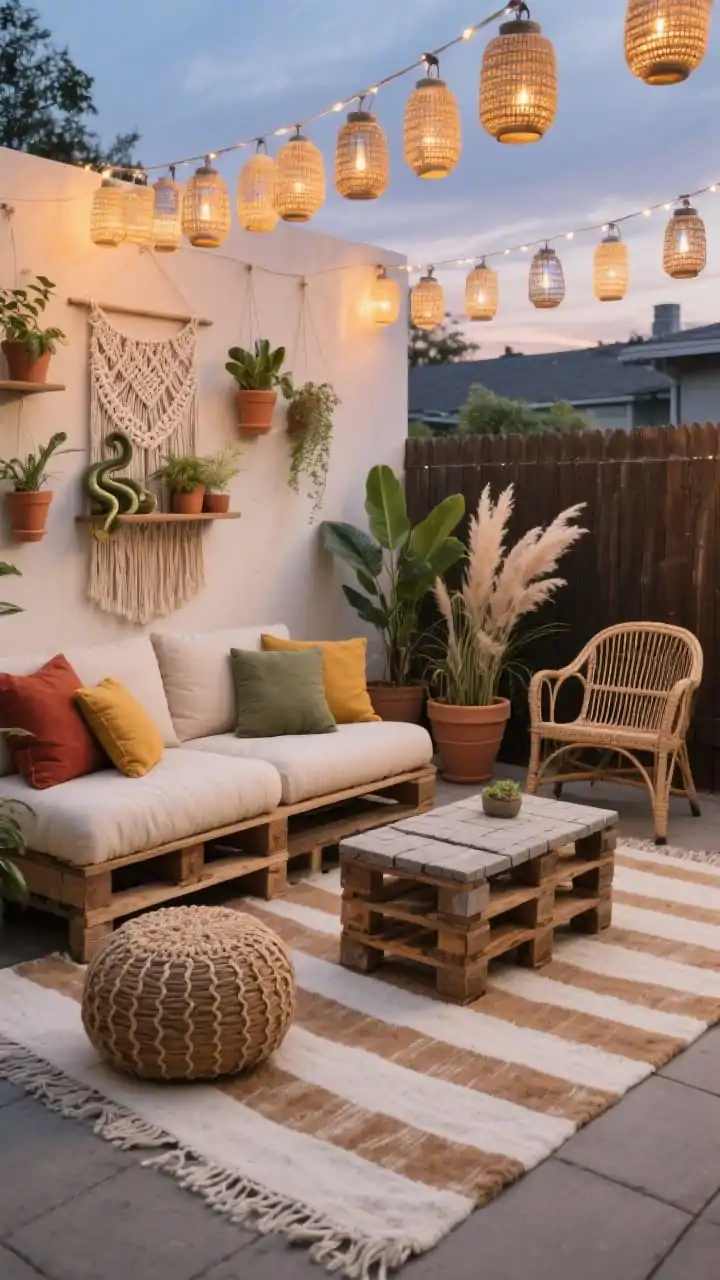 Wide shot, modern boho lounge patio at dusk: a neutral ivory-and-tan striped outdoor rug grounds a low wood pallet sofa with thick DIY foam cushions in washable canvas; earthy pillows in rust, sage, and mustard scattered on the sofa; two woven poufs as flexible seating; a thrifted wicker chair for character; a boho coffee table made from two stacked pallets topped with a cut-to-size paver; warm string lights overhead and a cluster of solar lanterns in rattan sleeves glowing; terra-cotta planters with snake plants and feathered grasses; a macramé wall hanging plant shelf against a fence. Photorealistic, cozy, layered textures.
