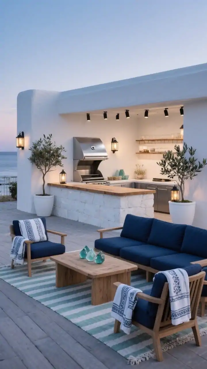 Wide shot, Modern Coastal Grill Lounge at dusk: a matte stainless steel grill built into a low white stone island with a slim teak bar ledge, set against white stucco walls and soft gray decking; deep navy cushions on low-profile teak lounge seating, striped outdoor rugs, and white planters with olive trees; sea-glass accents and folded Turkish towels draped over chair backs; lantern-style sconces and a row of matte black downlights illuminating the cook zone; pops of navy, seafoam, and soft gray; photorealistic, breezy coastal atmosphere.