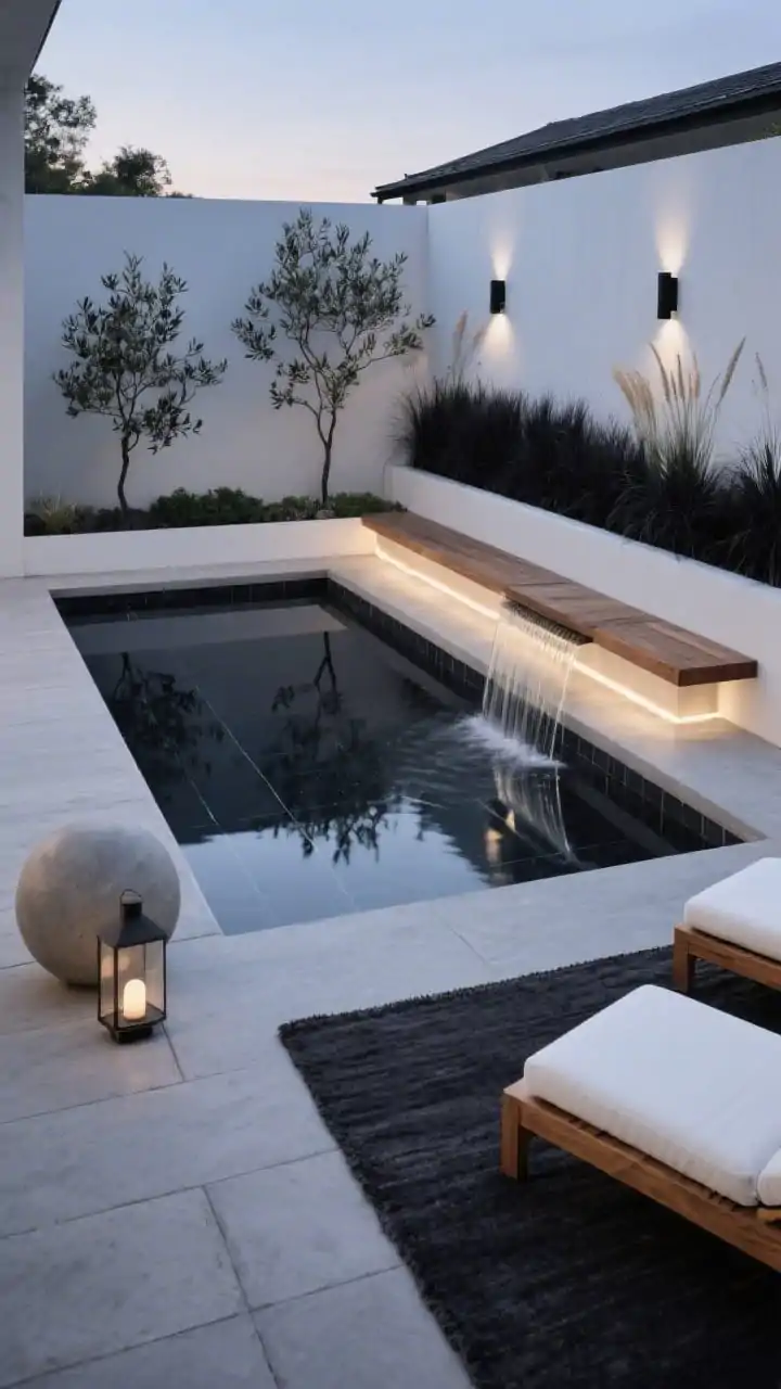 Wide shot, modern courtyard plunge pool at dusk: a slim rectangular plunge pool set flush with smooth concrete pavers, interior lined with matte black porcelain tile creating an inky mirror-like surface; tight palette of charcoal, soft gray, and crisp white. Along one side, a built-in cedar bench with a slim LED strip glowing underneath; a low planter wall behind holding dwarf olive trees, horsetail reed, and black mondo grass with two black up-lights grazing the wall. Two teak loungers with white cushions on the pavers, an oversized concrete sphere near a single sculptural lantern, a charcoal outdoor rug grounding the seating. A narrow sheer descent waterfall spilling a thin glassy sheet into the pool without splash. Photorealistic, clean lines, evening ambiance with reflections.