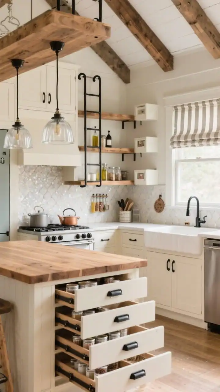 Wide shot, Modern Farmhouse with Laddered Loft Storage: Cozy kitchen anchored by cream shaker cabinets with matte black hardware and a warm oak island beneath bell-shaped clear glass pendants. Off-white handmade zellige tile backsplash adds subtle texture and sparkle. Above the fridge and doorway, a continuous loft-style storage shelf runs like a catwalk; a slim wood-and-metal library ladder hooks on, leaned nearby. Below, show pull-out vertical tray dividers, a spice drawer with angled inserts, and tiered can drawers with clear labels slightly open. A farmhouse sink under a window with striped Roman shades; open box shelves flanking the range for oils and salts, a narrow pot filler, and a magnetic trivet bar beside the cooktop. Palette: cream, oak, matte black, clear glass; warm, inviting light, corner angle, photorealistic.