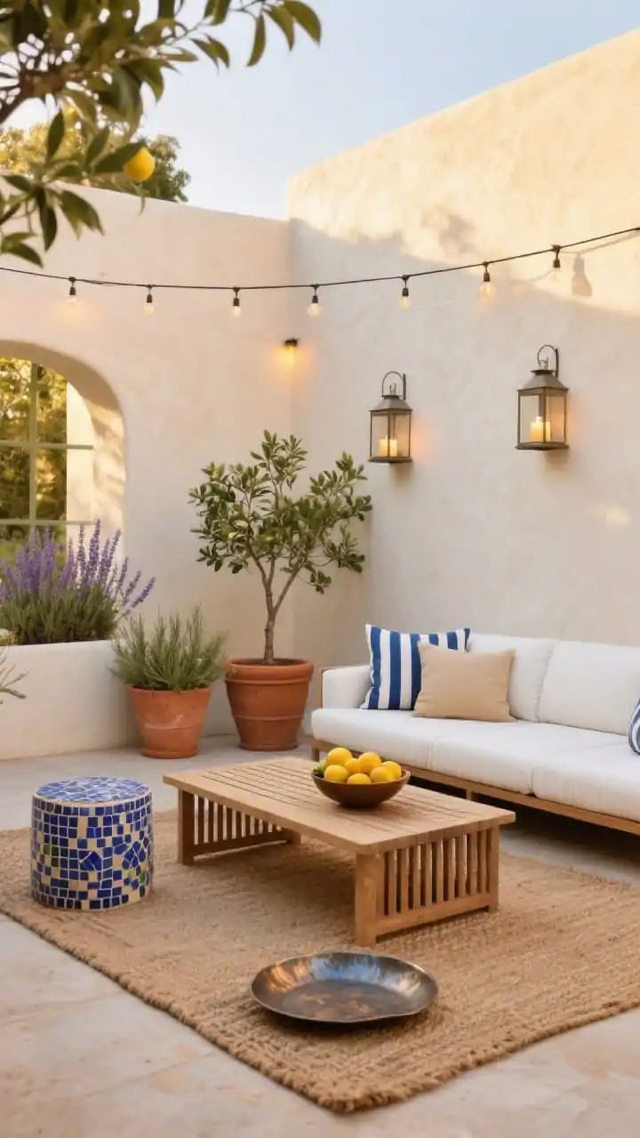Wide shot, Modern Mediterranean Courtyard Retreat: a sun-washed patio enclosed by creamy stucco walls, anchored by a low-profile white outdoor sofa in performance fabric facing a slatted teak coffee table on a flat-woven jute-look outdoor rug; oversized terracotta planters with olive trees, rosemary, lavender, and a potted lemon tree; striped lumbar pillows in indigo and sand; mosaic-style side table, hammered metal trays, and a bowl of citrus; warm evening ambiance with overhead cafe string lights and two lanterns with battery candles; tight palette of whites, camel, terracotta, and a hit of blue; photorealistic, straight-on angle, golden hour.