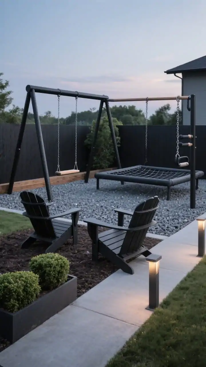Wide shot, modern minimalist backyard scene at dusk: a powder-coated matte black steel swing set with 9-foot beam over pea gravel, clean lines anchored into a cedar mulch border; features a tall belt swing, a rectangular web lounge net big enough for two, and a side-mounted yoga-style trapeze bar with rubberized grips and anti-pinch chain covers. Charcoal and slate color palette, low LED bollards casting soft light along a narrow concrete path. Two black composite Adirondack chairs and boxwood planters frame the area. Photorealistic, straight-on angle, crisp, grown-up mood.