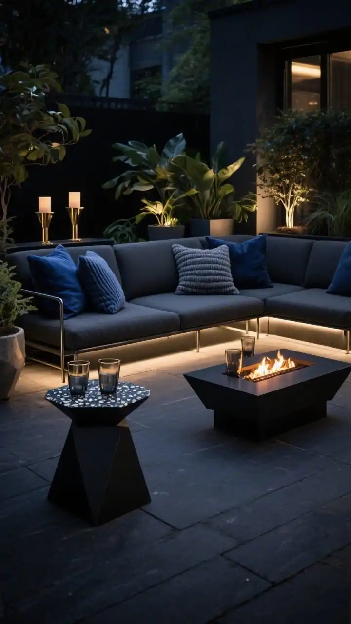 Wide shot, Moody Modern Lounge: a tight-footprint charcoal sectional with angular metal legs on a dark patio; ink-blue and slate textured pillows (bouclé, rib knit, velvet-outdoor blends); a black terrazzo side table and a tabletop rectangular fire bowl flickering; geometric planters and sculptural candleholders; brushed brass accents and smoked-glass tumblers on the table; dramatic nighttime scene with plant up-lights and a hidden LED strip under the bench; deep shadows, no people, photorealistic.