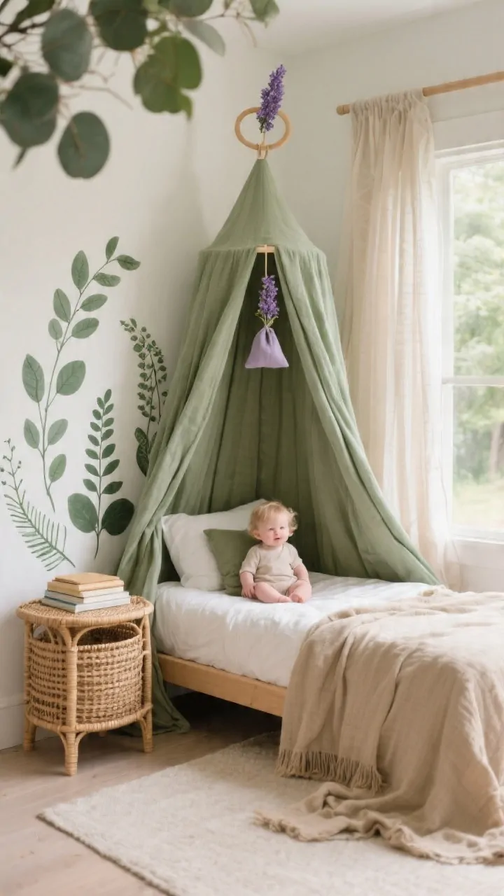 Wide shot: Nature-inspired toddler nook with a linen or cotton canopy in eucalyptus/moss green draped over the bed; botanical accents include a leafy wall decal behind the headboard, a rattan side table with a woven basket for books, and warm beige textiles; an out-of-reach lavender sachet clipped high on the canopy ring; daylight filtered through sheer curtains, earthy and breathable atmosphere; mood: calming, outdoors-in; photorealistic, no people.