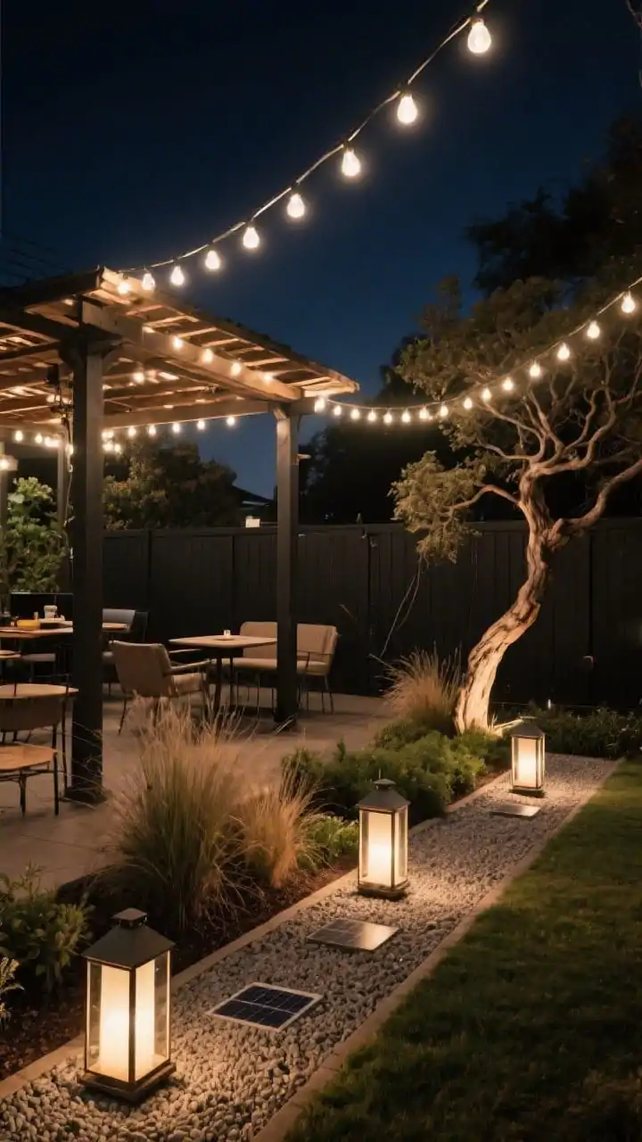 Wide shot, night: Backyard lit like a bistro overhead string lights zigzagging across a pergola for a café glow, warm white bulbs around 2700K; solar path lights outlining a gravel path and garden beds; three lanterns of varying heights clustered by seating; subtle uplighting on a sculptural tree and ornamental grasses; warm ambience, deep charcoal fence receding, no visible wires, moody yet inviting.