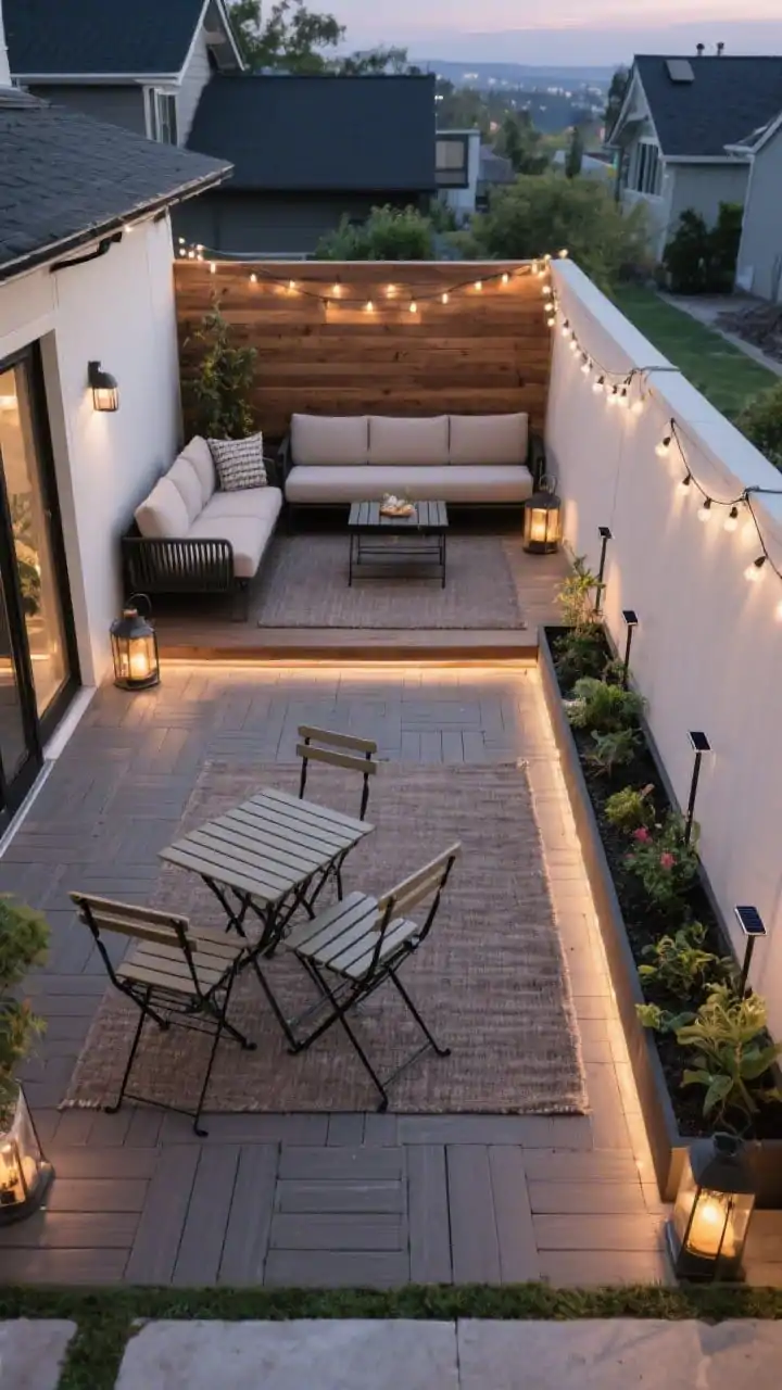 Wide shot of a compact patio divided into clear zones like a tiny resort: a lounging nook with an outdoor rug in warm gray beneath a low sofa, a mini dining corner with a folding bistro set on composite deck tiles, and a slender planting strip bordered by long, narrow planters acting as low dividers; string lights draped over the dining area, lanterns near the lounge, and subtle solar stake lights tracing a 24-inch-wide pathway; cohesive palette of wood, black metal, and neutral textiles; dusk ambiance with layered lighting defining each zone, straight-on perspective