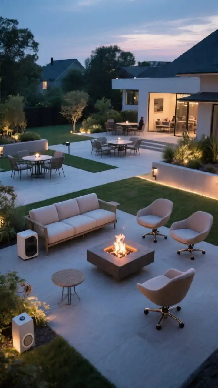 Wide shot of a conversation cluster layout around a central fire pit: two swivel chairs grouped on one side, a loveseat opposite, and a small bistro set tucked nearby; clear pathways between clusters; discreet outdoor speaker nestled near planting and soft path lights guiding movement; layered, party-friendly vibe without people; twilight scene with balanced illumination and visible swivel bases; slightly elevated angle to show multiple groupings remaining connected.