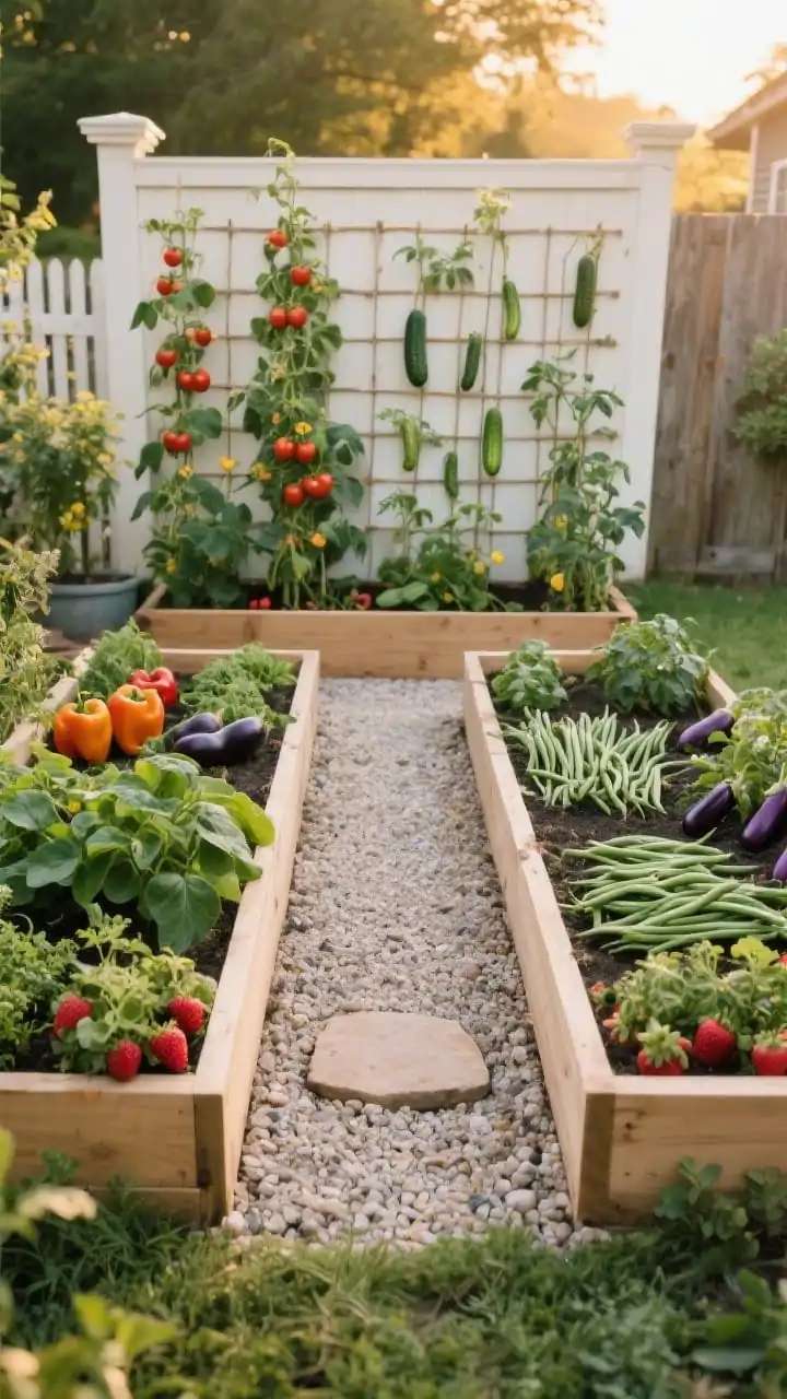 Wide shot of a cozy U-shaped arrangement of three raised beds with a single narrow path: beds 30–36 inches wide, set at 10–18 inches tall, framing an 18–24 inch walkway covered in light gravel mulch. Back of the U (north) features trellised tomatoes, beans, and cucumbers; side arms host peppers, eggplant, and bush beans; front edges overflow with cut-and-come-again greens, strawberries, and compact herbs. Add one centered stepping stone for a tidy, organized cottage-core vibe. Golden early-evening light, clean borders, no people.