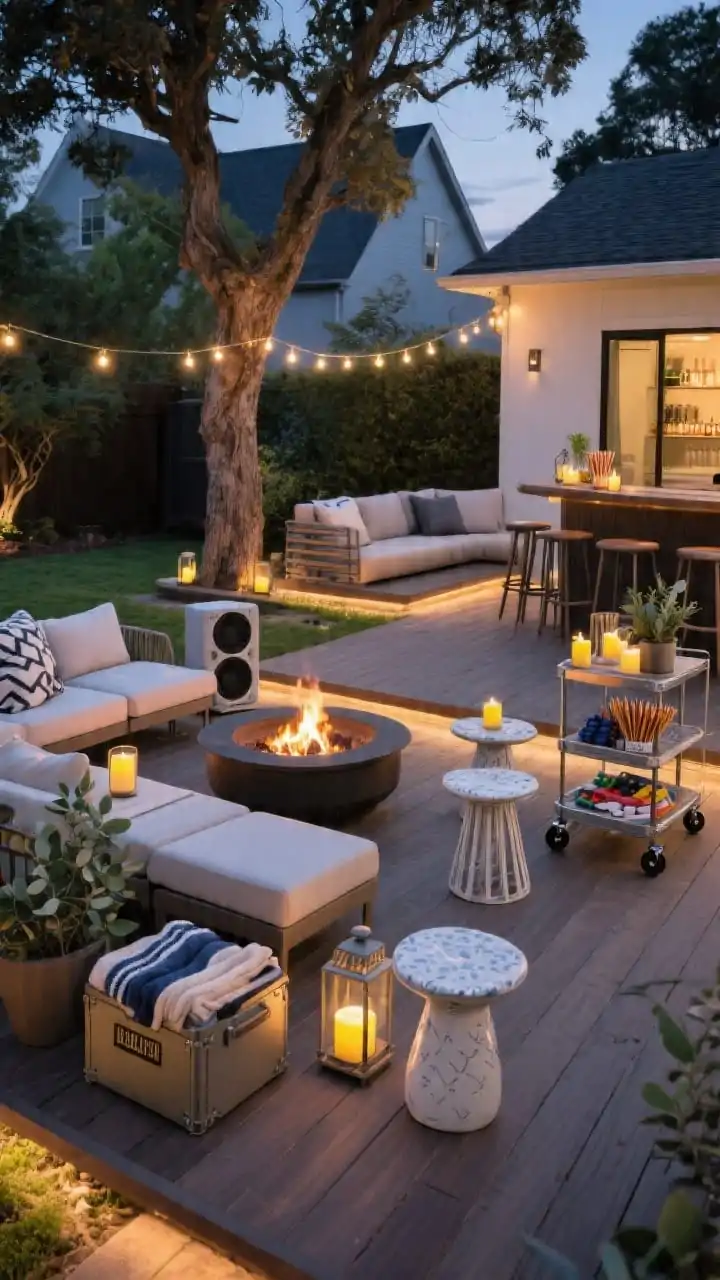 Wide shot of a flexible entertainer’s backyard with mixed zones: main fire pit seating area with modular sectional pieces that clip together, lightweight ceramic and metal side tables scattered (some used as stools), a movable high-top/bar cart zone to one side, and a quiet corner loveseat nook under a tree; elements on casters or easy to swivel/stack; a weatherproof speaker discreetly placed; citronella and eucalyptus candles around; layered lighting with string lights and low lanterns; organized deck box labeled for blankets, skewers, and games visible, evening setup, no people