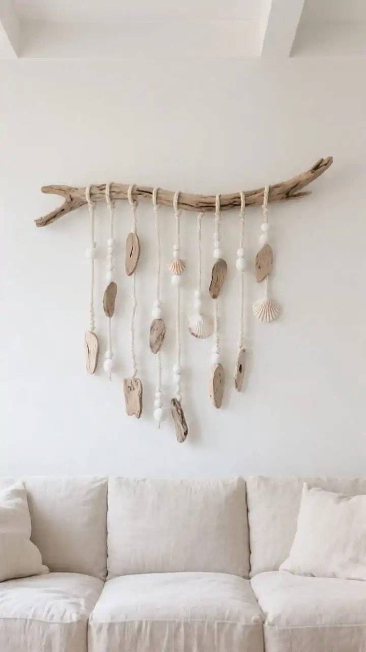 Wide shot of a living room wall showcasing a statement driftwood wall hanging centered above a linen sofa: a long, sculptural horizontal driftwood branch (about 32 inches) with uneven-length vertical strands of natural cotton cord. Each strand carries drilled driftwood slices interspersed with matte white beads and a few small shells, creating a rhythmic cascade. Neutral palette with natural cord, pale driftwood, and soft white accents; clean, sun-dried wood with visible grain. Straight-on perspective, even daylight with gentle coastal brightness, a level, balanced look. Background decor minimal to keep focus on the hanging. No people, photorealistic.