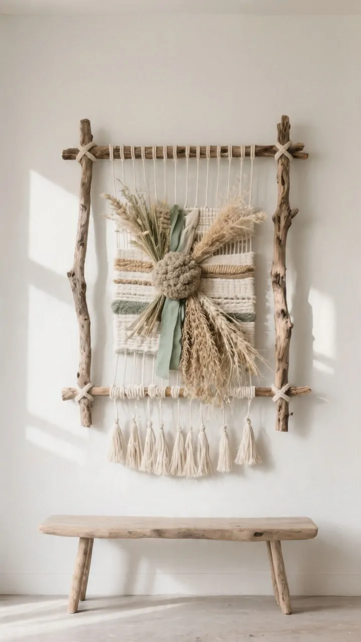 Wide shot of statement driftwood loom wall art mounted above a simple bench; a rectangular frame lashed from two thicker driftwood pieces (top and bottom) and two slimmer side sticks using square knots; vertical warp cords spaced 1/2–1 inch apart; woven weft of yarn, linen strips, raffia, dried grasses, and ribbon in a neutral palette with a single sage accent; thicker textures clustered near center for a focal point, a few elements spilling beyond the frame, and tassels hanging at the bottom; soft, gallery-like natural lighting; straight-on composition to present the artwork’s dimensionality and shadows on the wall
