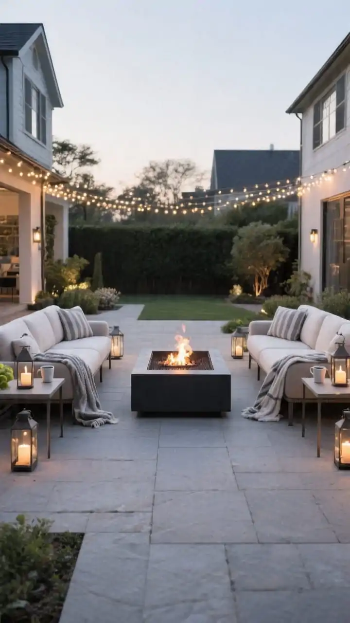 Wide shot of two outdoor sofas facing each other with a square fire pit centered between; 5–7 feet of space between sofa edges; slim end tables at sofa arms holding mugs and citronella candles; layered lighting with string lights and lanterns softening lines; neatly draped throws; designer-clean, formal look on a paved patio; straight-on symmetrical perspective.