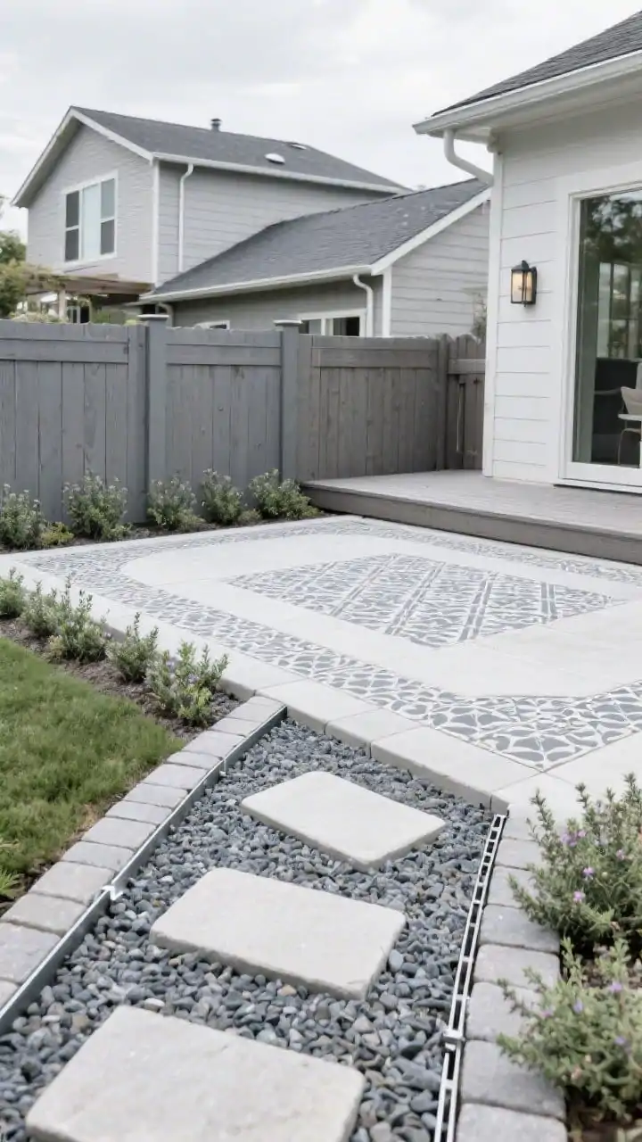 Wide shot, overcast daylight: Refreshed hardscape details a newly defined gravel pathway with metal edging and stepping stones for stability, a patio slab stenciled in a cohesive faux-tile pattern in cool gray tones, and pressure-washed deck boards and fence looking revived; creeping thyme planted between pavers adding soft green texture; consistent cool-gray palette for a high-end feel.