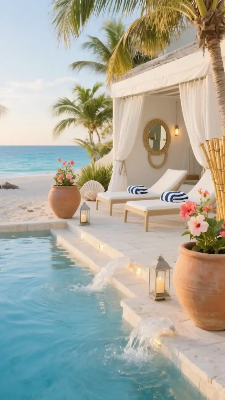 Wide shot, photorealistic: A serene coral coast sanctuary with a natural beach entry gently sloping into luminous Caribbean-blue water. Pale cream honed coral stone pavers keep the deck cool and bright. Along one side, giant clay urns double as bubbling water features, sending soft ripples across the surface. Plantings include silver saw palmetto, hibiscus blooms, and golden cane palms for an airy edge. Styling: white sling chaises, a canvas cabana with billowing drapes, and neatly folded navy-and-white striped towels. Decor accents: rope mirrors and seashell planters near the cabana. Lighting: recessed step lights and lanterns with seaside candles at golden hour.