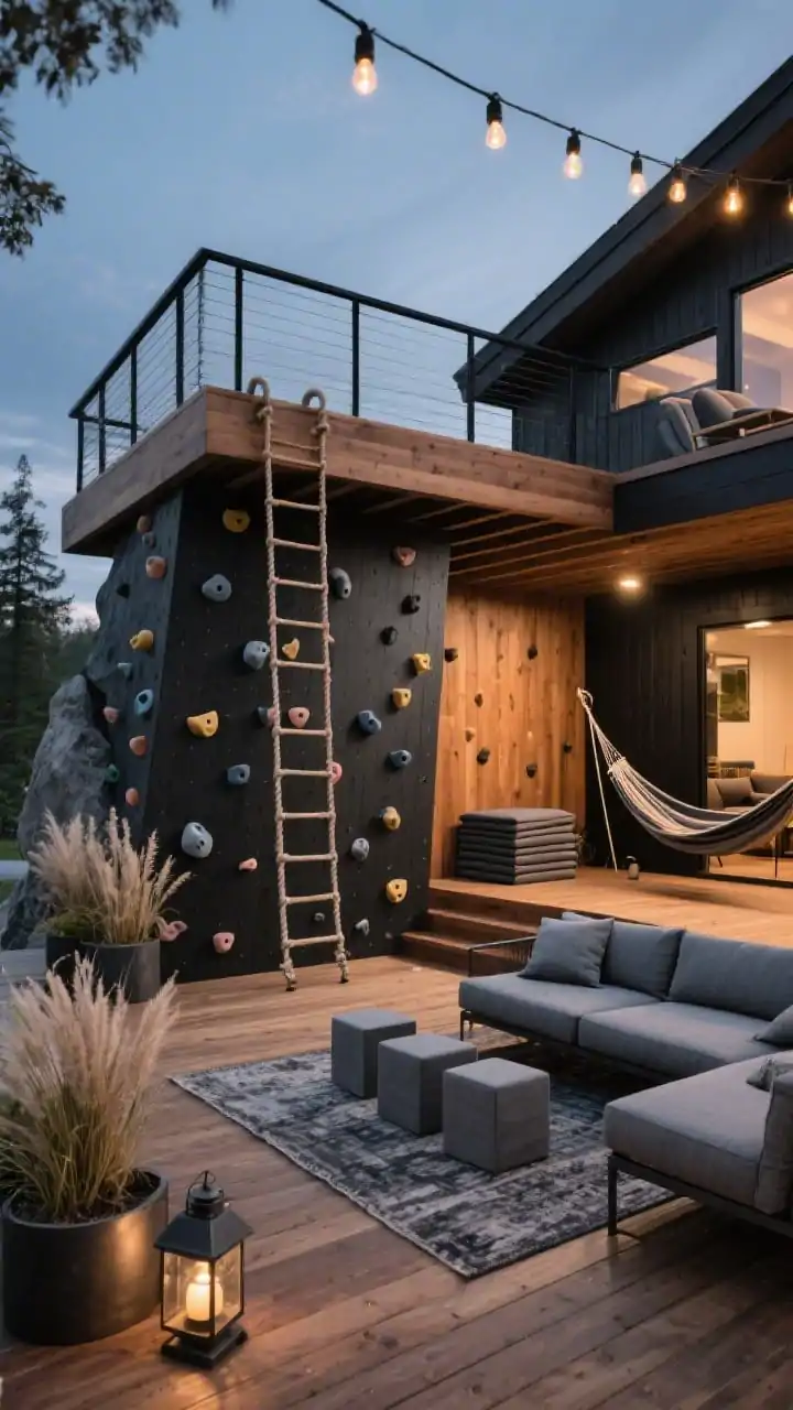 Wide shot, photorealistic: An elevated cedar deck at dusk with sleek matte black powder-coated steel railing, a bold charcoal-stained 10–12 ft climbing wall with modular holds, and a rope ladder leading up to a chill lounge platform; under-deck hammock hangouts visible beneath. Style cues: warm cedar tones, matte black and slate gray accents, metal planters filled with ornamental grasses, rugged outdoor rug grounding a low-slung outdoor sofa in performance fabric with cube stools. Lantern-style string lights overhead provide warm glow; bouldering crash pads stacked near the wall. Modern-cabin-meets-outdoor-gym mood, no people.