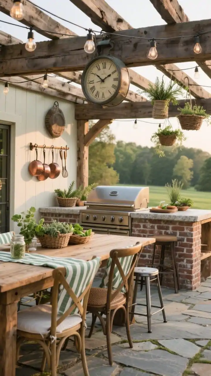 Wide shot, Rustic Farmhouse Alfresco Kitchen in late afternoon: a rough-hewn wood pergola over a flagstone patio; a brick-clad grill island with a chunky soapstone counter, antique-style hooks holding copper pans and tongs; a long reclaimed wood dining table with mixed cross-back chairs and a couple of metal cafe stools at the grill bar; striped linen runners, mason jar lights strung under the pergola, baskets of fresh herbs (rosemary, thyme, basil) within arm’s reach; cream, slate, sage green, and warm wood tones; a vintage-inspired outdoor clock above the prep zone; photorealistic, cozy farm-to-table mood.