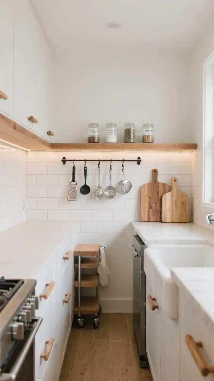 Wide shot, Scandinavian Rail & Ledge Galley: A narrow galley kitchen with matte white shaker cabinets and slim oak countertops with integrated oak finger pulls; no upper cabinets. A continuous solid oak picture ledge runs the full wall above a white matte subway tile backsplash with warm bone grout; above the ledge, a simple black metal rail with S-hooks holds ladles, graters, and tiny colanders. Uniform glass spice jars with minimalist labels line the ledge. A slim LED strip under the ledge casts a gentle glow. Include a narrow rolling prep cart tucked beside the fridge and two nested cutting boards stored vertically in a slot by the sink. Palette: white, oat, soft black, clear glass. Calm, airy mood, natural daylight from the side, straight-on perspective, photorealistic.