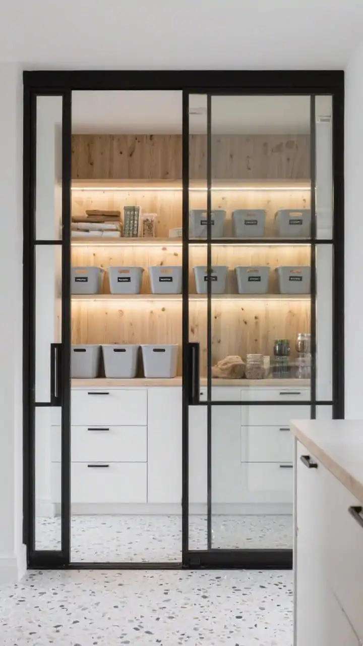 Wide shot, slightly elevated straight-on: Sleek Scandinavian pantry framed by black steel sliding glass doors showcasing meticulously organized blonde birch shelving, white laminate drawers with hidden pulls, and soft gray bins. Integrated LED strips glow under each shelf, creating even, gallery-like illumination. Floor in light terrazzo with subtle aggregate. Monochrome labels on containers maintain a minimal, curated feel. Photorealistic, no people.