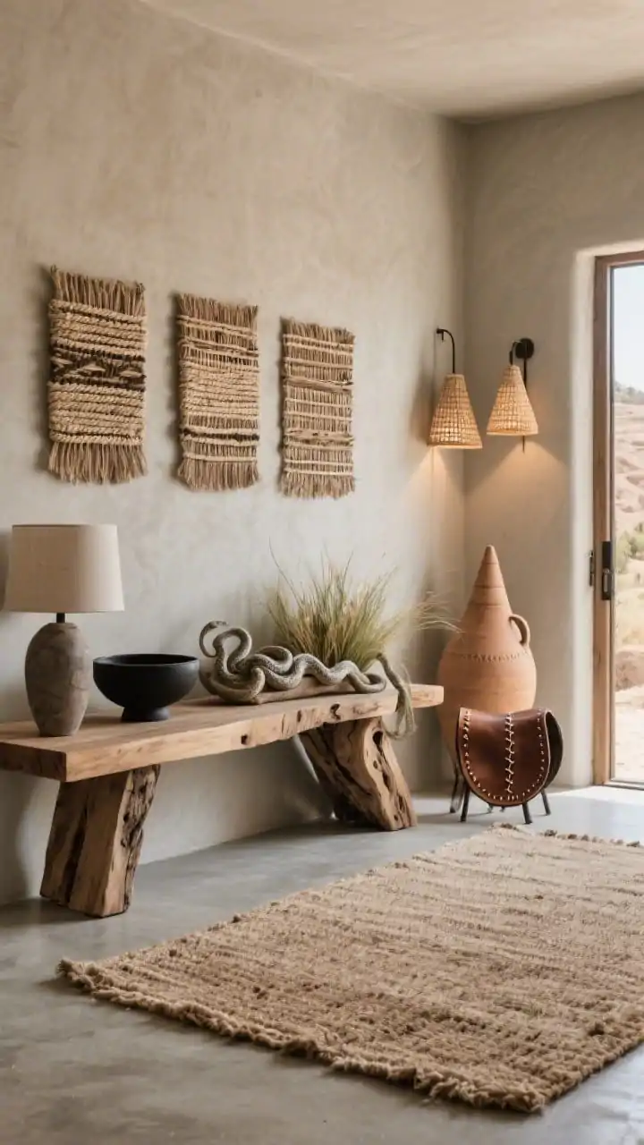 Wide shot, slightly low angle of an Earthy Desert Modern entrance: poured concrete floors topped with a chunky jute rug, greige limewash walls. A live-edge acacia wood console styled with a matte black bowl, rough ceramic lamp, and low wide planter of snake grass. On the wall, a trio of woven fiber art panels. A saddle-leather stool with stitched edges, a large earthenware amphora resting in a corner, and cone-shaped sconces with textured shades casting warm directional light. Sun-baked, grounded, sophisticated, photorealistic.