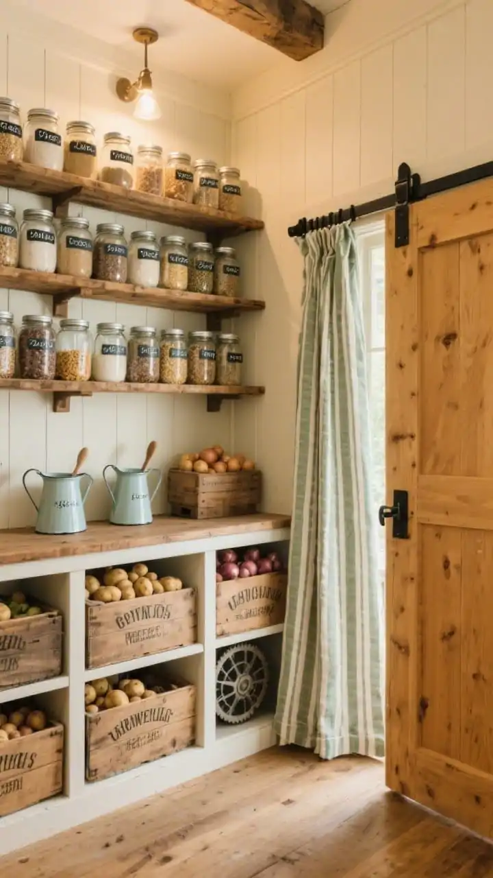 Wide shot, slightly off-center: Rustic farmhouse pantry with warm reclaimed wood shelves and soft cream-painted walls; rows of mason jars with galvanized lids and handwritten-style labels for dry goods; vintage-style wooden crates stenciled with category names holding potatoes, onions, and gear; enamelware pitchers used as scoops; a ticking-stripe curtain concealing lower storage; sliding barn door with black strap hardware partially open; honey wood, cream, and muted sage tones; warm, cozy lighting; photorealistic.