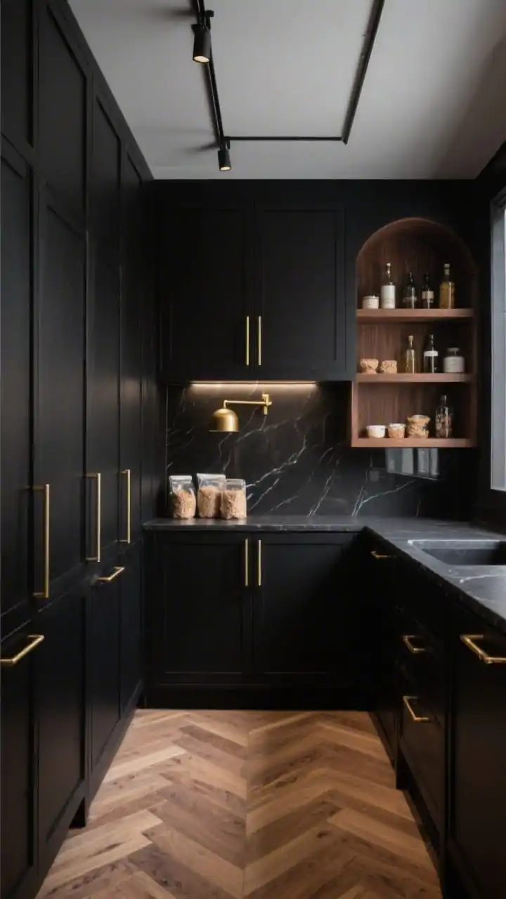Wide shot, straight-on: A modern moody pantry with matte black floor-to-ceiling cabinetry featuring slim brushed brass linear pulls and concealed hinges, a deep charcoal quartz countertop, and a smoked mirror backsplash reflecting subtle light. Warm walnut alcove shelves display decanted dry goods beneath a single brass library sconce. Lighting includes slim ceiling track lights for a dim, dramatic ambiance. The floor is herringbone oak, adding warmth against the inky cabinetry. Photorealistic, no people.
