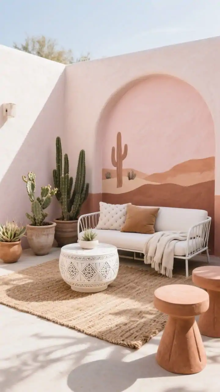 Wide shot, straight-on, desert chic patio: a perimeter wall painted with a soft arched mural in blush and clay tones creates depth; a woven jute-look outdoor rug centers a white metal loveseat with camel pillows; sculptural planters display cacti and euphorbia of varying heights; a matte-white Moroccan-inspired drum table and terra-pedestal stools add sculptural forms; textiles include cotton throws and tufted outdoor pillows; color palette: blush, clay, warm white; photorealistic, late-afternoon sun with long, soft shadows.