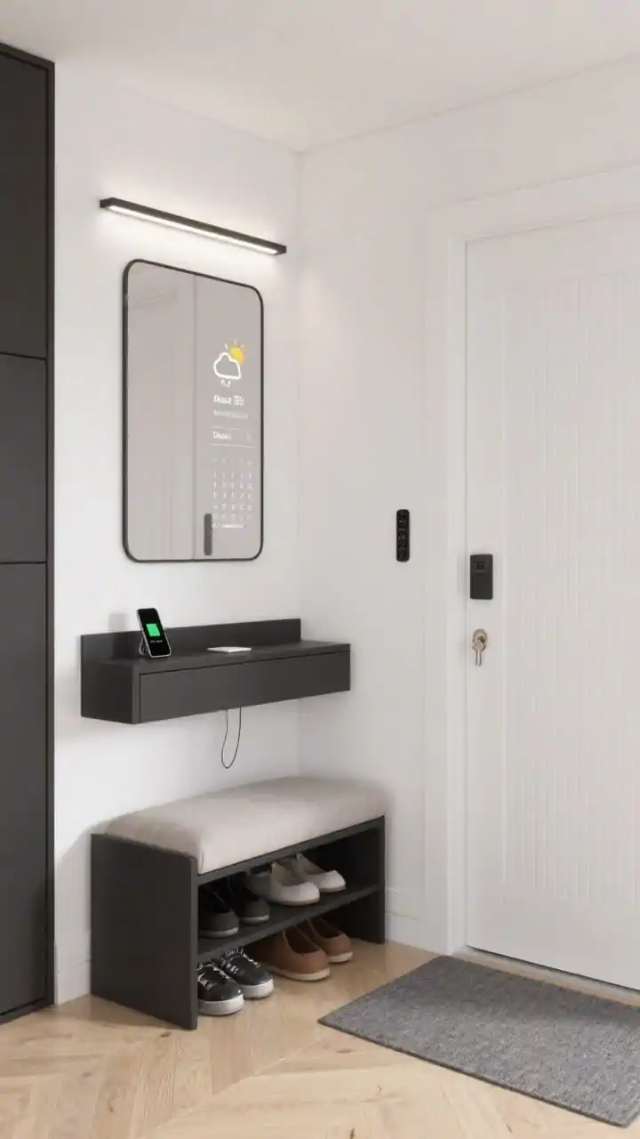 Wide shot, straight-on of a Sleek Smart Entry Hub: soft white walls, light oak floors, matte black accents. A wall-mounted console with hidden wireless charging (phone resting, discreet cable-free), adjacent cushion-topped drawer bench for shoes. Above, a frameless smart mirror displaying weather and calendar in subtle UI, appearing as a clean reflection at rest. Slim LED rail with motion sensors providing even illumination, fluted door panel slightly open revealing a magnetic key strip, low-profile performance mat in stone gray at the threshold. Minimal, high-function, photorealistic.