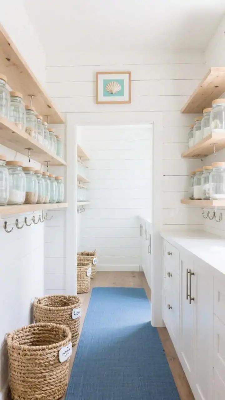Wide shot, straight-on view: A coastal-inspired pantry with white shiplap walls, pale oak floating shelves, and a sky-blue runner leading inward; rows of clear glass jars with pale wood lids neatly lined up; seagrass baskets with clipped white enamel labels hiding bulky items; brushed nickel hooks and slim pulls on cabinetry; soft, airy lighting; a small framed shell print above the top shelf; color palette of white, sand, and sea-glass blue; photorealistic.