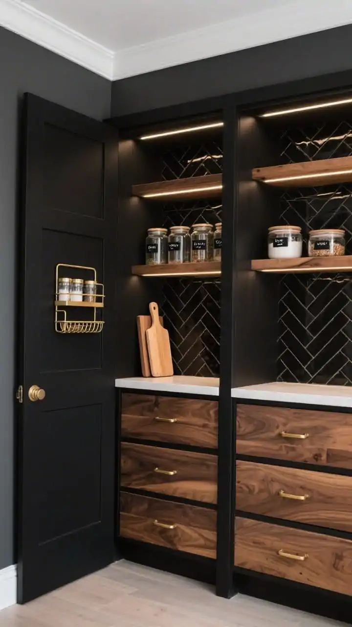 Wide shot, straight-on view: A modern black-and-brass pantry closet with matte black shaker doors open to reveal full-height acacia wood shelves and concealed deep drawers with brass cup pulls, all softly illuminated by dimmable warm LED strip lighting; rich charcoal-painted walls, crisp white ceiling, a glossy black chevron tile backsplash behind the middle shelf, clear glass canisters with black metal labels neatly aligned, a slim vertical cubby storing cutting boards, and a black-framed over-the-door spice rack with matching jars; photorealistic, moody yet refined atmosphere.