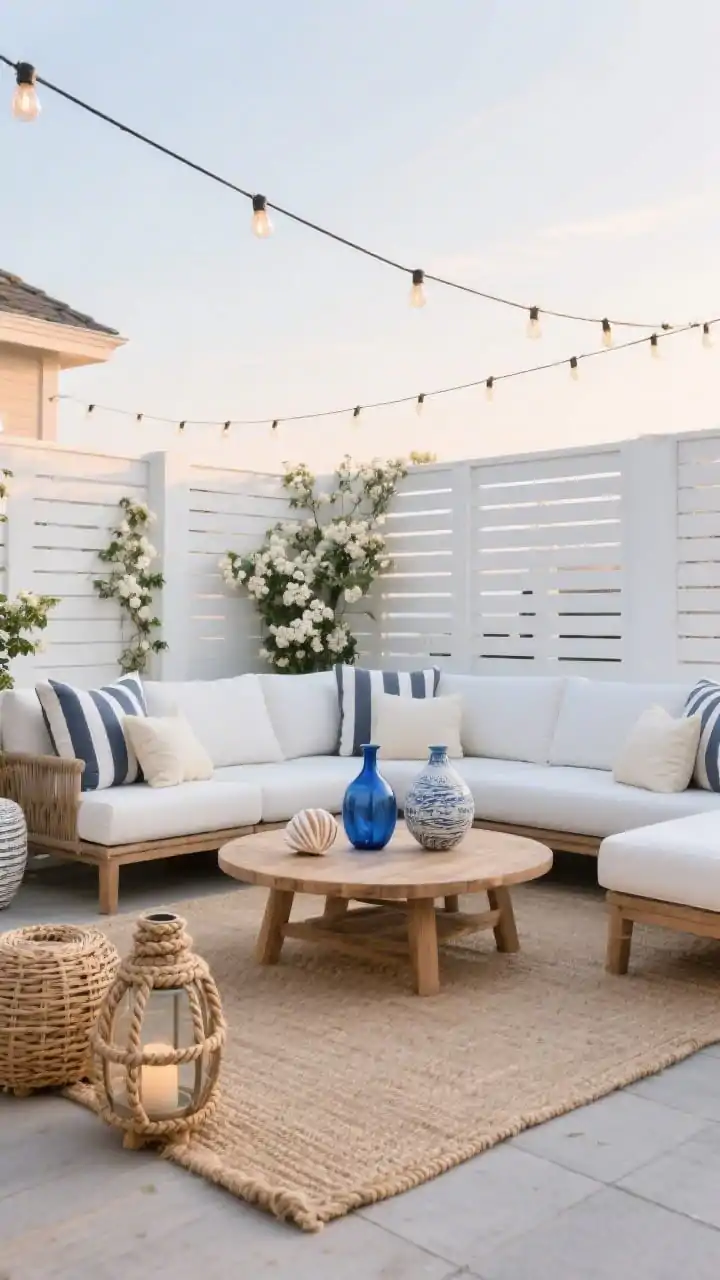 Wide shot, straight-on view: A photorealistic coastal back patio arranged as a breezy lounge. A white weatherproof sectional with pale gray undertones is layered with striped navy-and-cream cushions around a rounded-edge teak coffee table. A sand-colored outdoor rug grounds the seating. On the table, blue glass vases and shell-inspired ceramics create subtle coastal texture. Rope-wrapped lanterns sit on the floor beside woven rattan accents. Overhead bistro lights are strung in a zigzag, casting a soft sunset glow. Background features a white slatted privacy screen with climbing jasmine. Palette: crisp whites, driftwood tans, ocean blues. Materials: teak, rope, linen, woven rattan.