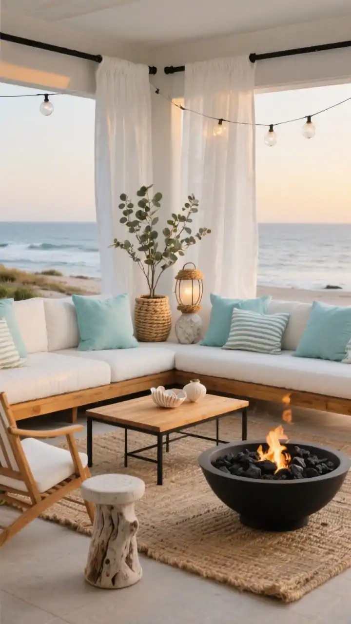Wide shot, straight-on view: An open modern coastal patio lounge with a low-profile honey-toned teak sectional layered with ivory and sea-glass blue cushions, a woven jute outdoor rug underfoot, a teak coffee table and slim black metal-framed lounge chairs with ceramic garden stools as side tables. Palette of sand, white, driftwood, and pale aqua. White linen outdoor curtains hang from a simple black rod framing a seaside view. Rope-wrapped lanterns sit near shell-textured planters with eucalyptus in tall vases, striped lumbar pillows on the seating, and frosted globe string lights glowing at dusk. A sleek fire bowl filled with black lava rock provides contrast and warmth. Photorealistic, golden-hour lighting.