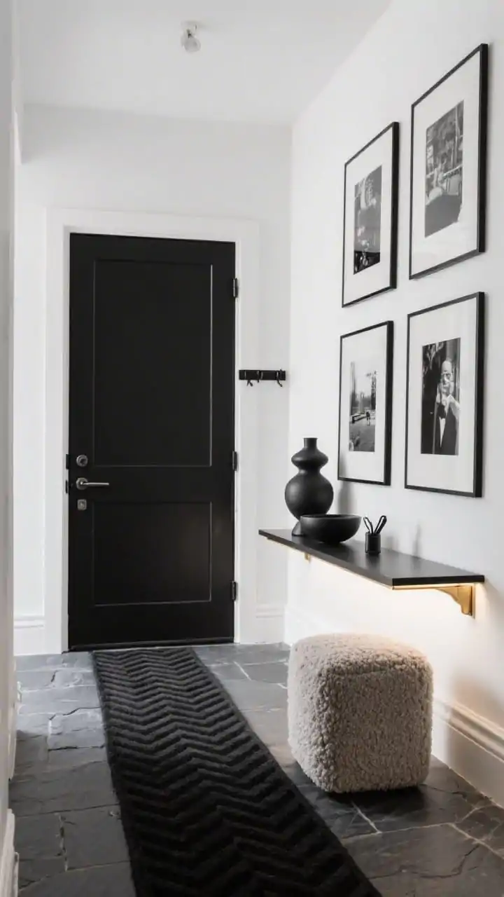 Wide shot, straight-on view of a Modern Monochrome Gallery entry: matte black front door, charcoal slate floors, crisp white walls as a gallery backdrop. One wall lined with oversized black-and-white photography in slim black frames, a floating console below holding a sculptural vase and a low bowl for keys, a boucle cube ottoman tucked beneath. Linear brass picture light washing the photos, low-pile black herringbone runner on the floor, brushed black handles on the door and a minimalist black coat hook rail. Moody, cool, and art-opening vibe, photorealistic.