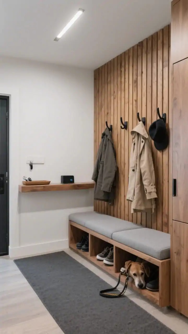 Wide shot, straight-on view of a modern mudroom nook: vertical warm oak slats along one wall with matte black double hooks holding a few neutral coats and hats; a floating oak bench with soft grey cushions and push-latch cubbies slightly ajar revealing shoes and a dog leash; opposite wall features a narrow matching oak console shelf with a shallow tray for keys and a sleek phone charging dock; graphite runner on the floor; ceiling-mounted slim dimmable LED light bar casting an even designer glow; color palette warm oak, graphite grey, matte black, cloud white; finishes slatted wood, soft-touch cabinet doors, low-sheen paint; photorealistic, no people.