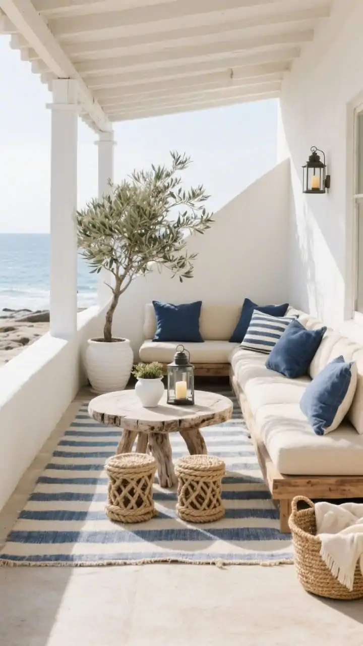 Wide shot, straight-on view of a narrow coastal patio: a slim L-shaped weathered teak sectional pushed against the long wall with salt-sprayed navy cushions; a soft cream-and-blue striped indoor-outdoor rug visually widening the floor; a round driftwood-style coffee table centered with airy clearance; two rope-wrapped stools tucked beneath the table; pair of white ceramic planters flanking the sofa with a windswept olive tree adding height; accents include lanterns with candles, striped throw pillows, and a seagrass basket for blankets. Color palette of navy, seafoam, sand, and bleached wood under bright natural seaside light, photorealistic.