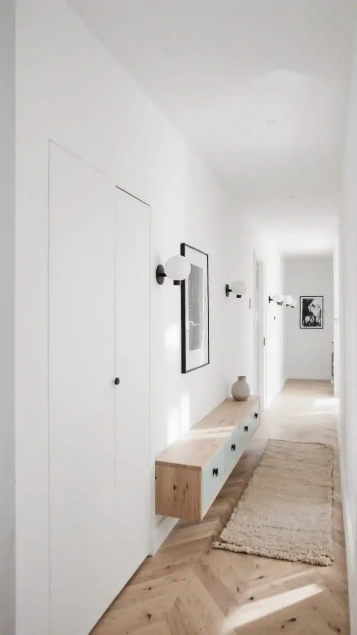 Wide shot, straight-on view of a Scandinavian hallway that is airy and minimal: matte white walls with a seamless hidden cabinet painted the exact same white, pale oak herringbone floors, a slim bleached-wood floating console with shallow drawers, a long oatmeal wool runner, simple globe sconces in a linear row casting soft diffused light, and a single black-and-white art piece for contrast; materials feel matte and natural (oak, wool, frosted glass, ceramic); sun-drenched, clean, and purposeful, photorealistic, no people.