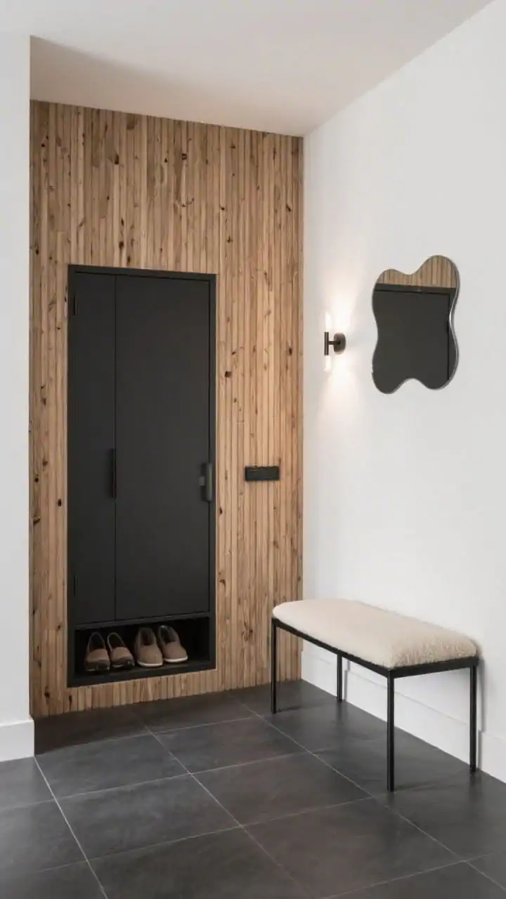 Wide shot, straight-on view of a Scandinavian modern entry featuring a floor-to-ceiling natural oak vertical slat wall with a concealed flush push-latch cabinet; the cabinet door is slightly open to reveal a low, ventilated shoe niche. Charcoal matte porcelain floor tile, a slim black metal bench with a cream felt cushion, a wavy-edge mirror, and a single wall sconce casting soft wash light across the slats. Palette: natural oak, charcoal, matte black, cream. Mood: minimal, textural, gallery calm. Photorealistic.