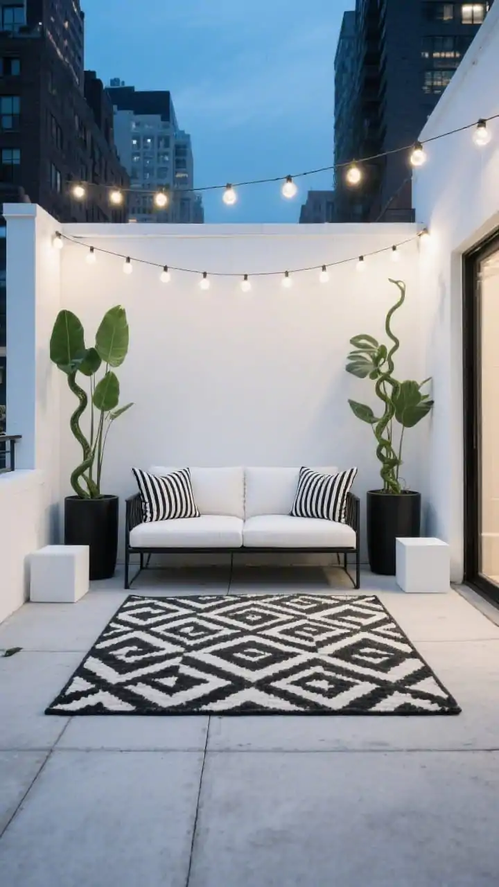 Wide shot, straight-on view of a small, chic city-terrace concrete patio styled in crisp white concrete with a large black-and-white geometric outdoor rug anchoring a conversation area; a low-profile black metal loveseat with ivory cushions sits centered, accented by two striped black-and-white lumbar pillows; tall black cylinder planters with snake plants add vertical drama on either side, paired with two white cube side tables; a single line of globe string lights overhead creates a sharp nighttime silhouette; color palette: white, black, soft green; photorealistic, evening blue-hour lighting with gentle glow from the string lights.