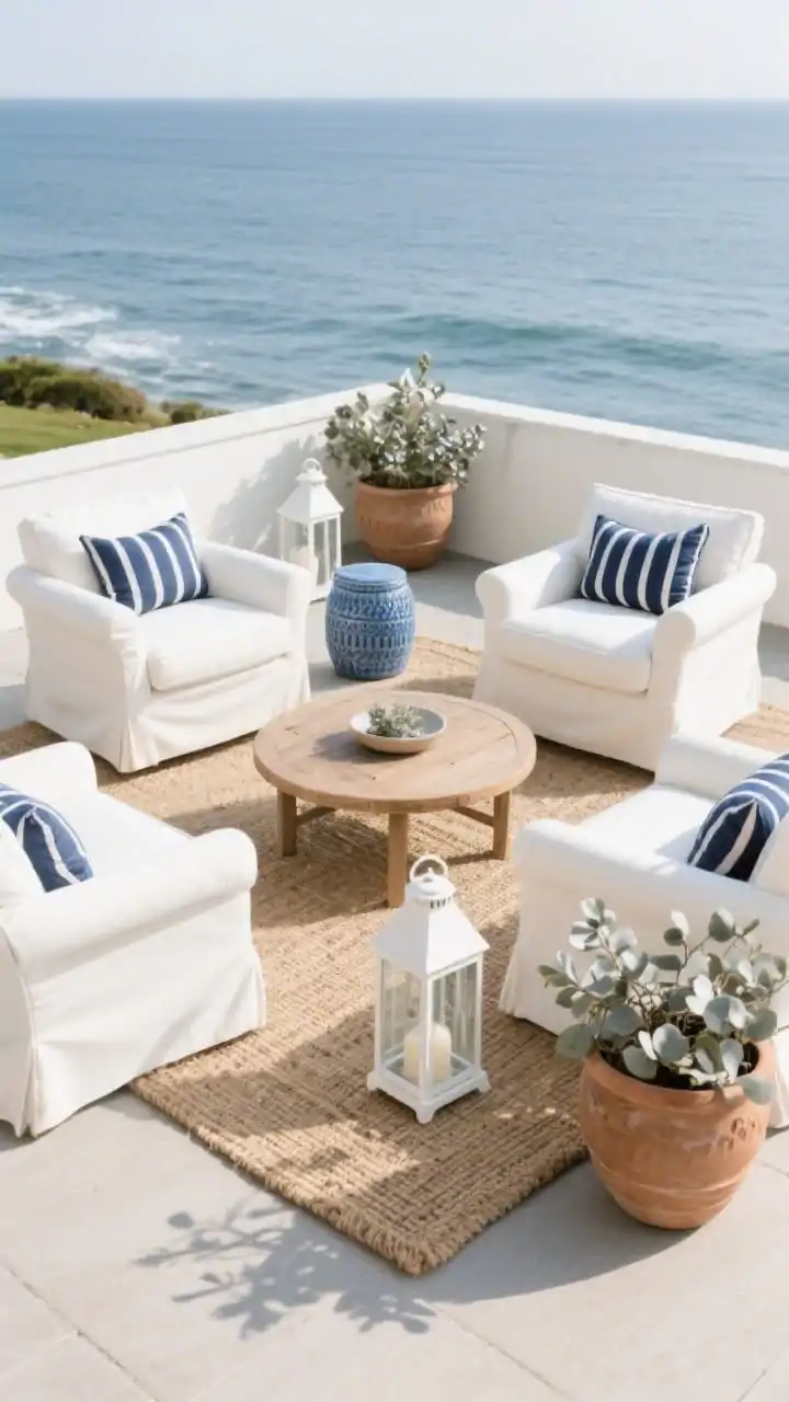 Wide shot, straight-on view of a square patio arranged as a coastal conversation circle: four deep club chairs in soft white cushions encircle a low round teak coffee table atop a woven jute-style outdoor rug in sand tones; navy striped pillows on each chair, a powder-blue ceramic garden stool beside one chair, two white lanterns on the ground, and large clay pots with silver dollar eucalyptus framing the scene; ocean-calm palette with soft natural daylight and a breezy, Cape-inspired mood; keep chair radius tight at 24–30 inches from the table.